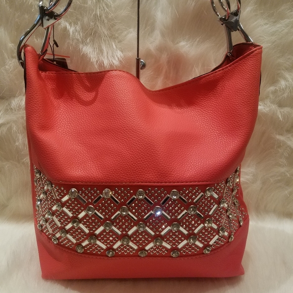 CORAL RHINESTONE BLING DESIGN HOBO HANDBAG - Picture 3 of 8